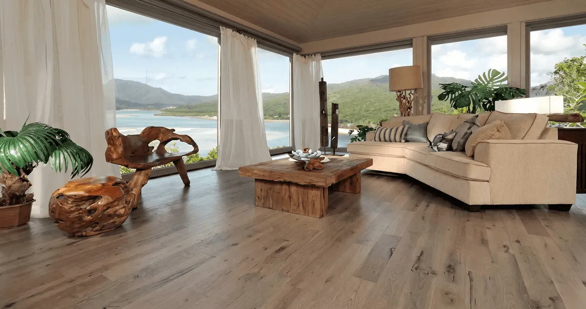 Professionally installed vinyl flooring in a modern living room with large windows in Mesa, AZ